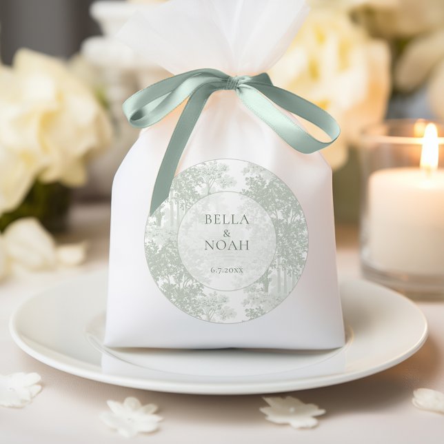 Classic Sage Green Landscape Toile Wedding Round Sticker (Creator Uploaded)