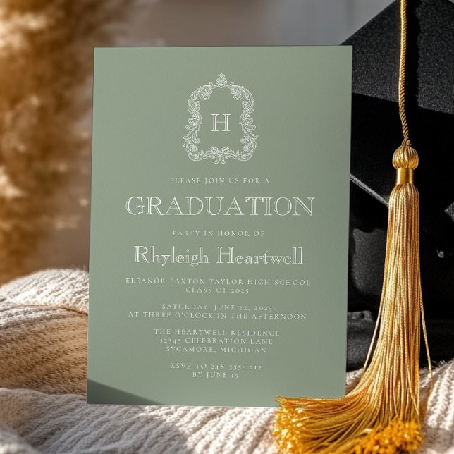 Classic Sage Green Monogram Crest Graduation Party Invitation (Creator Uploaded)