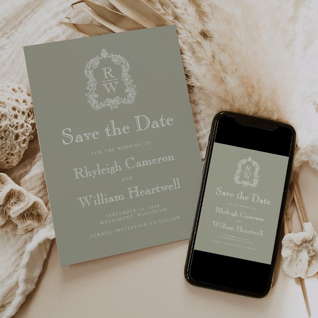 Classic Sage Green Monogram Crest Script Save The Date (Creator Uploaded)