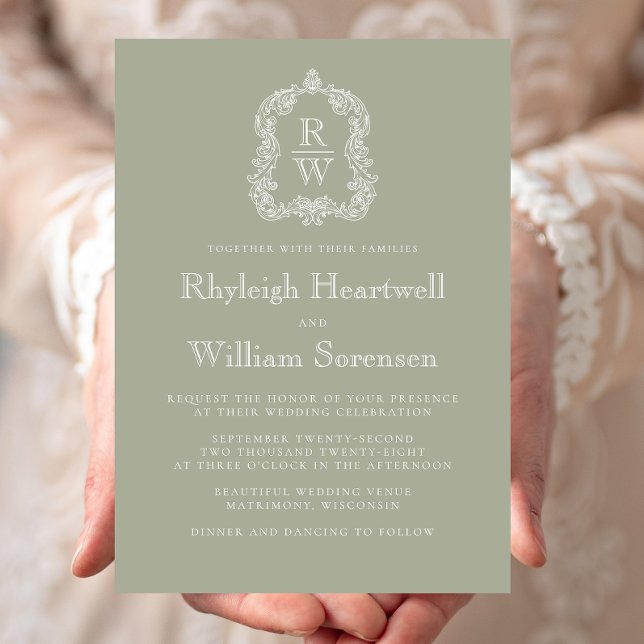 Classic Sage Green Monogram Crest Wedding Invitation (Creator Uploaded)