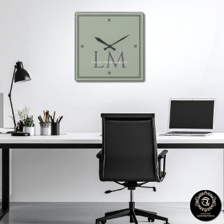 Classic Sage Green Monogram Office Accent Square Wall Clock