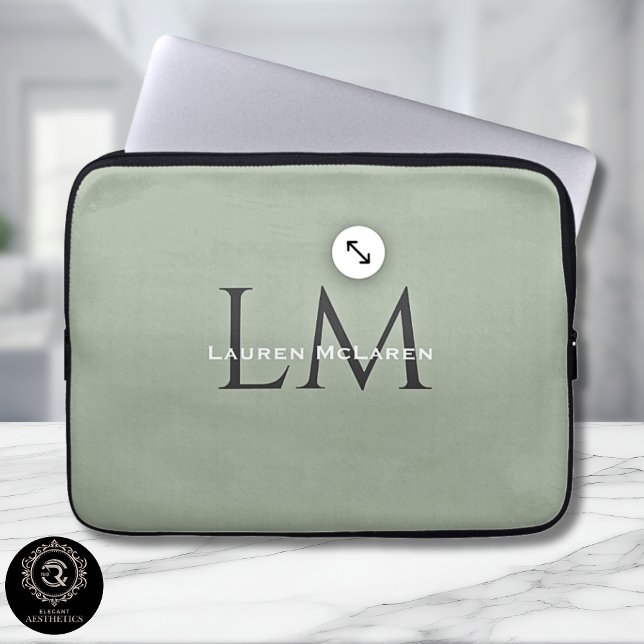 Classic Sage Green Monogram Tech Style  Laptop Sleeve (Classic Sage Green Monogram Tech Style Laptop Sleeve)