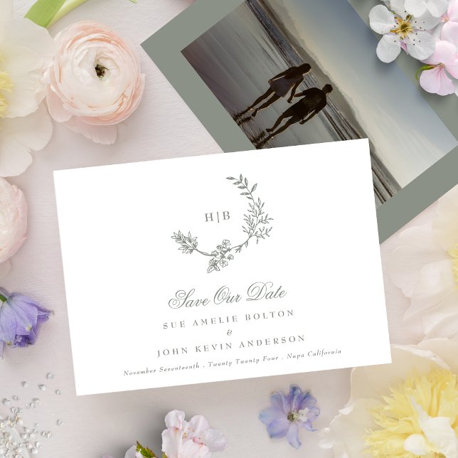Classic Sage Green Monogram Wreath Classic Wedding Save The Date (Creator Uploaded)