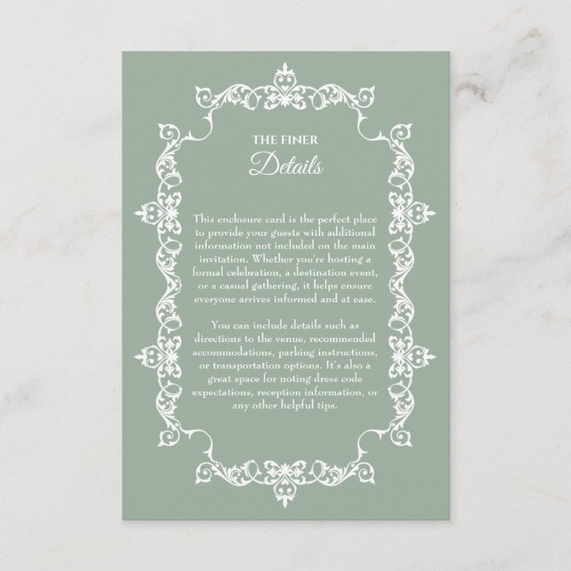 Classic Sage Green Ornately Framed Wedding Enclosure Card (Front)