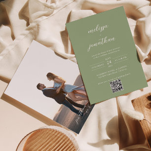 Classic Sage Green Photo Script QR Code Wedding Invitation