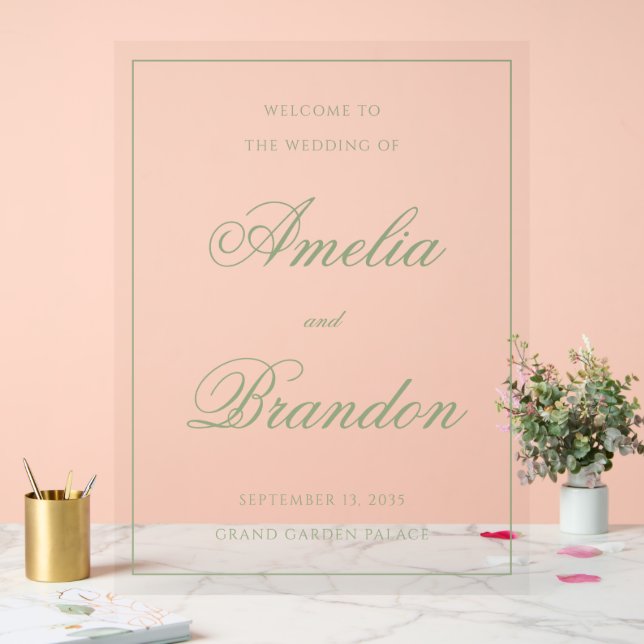 Classic Sage Green Script & Border Wedding Welcome (Mariage)