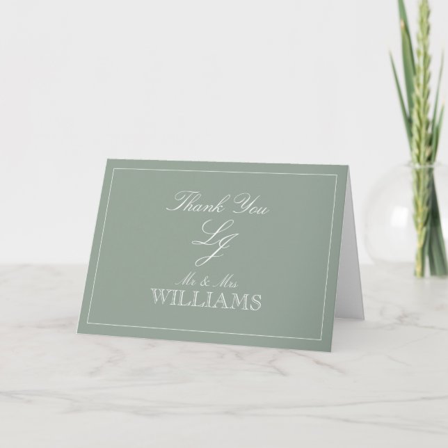 Classic Sage Green Script Monogram Photo Thank You Card (Front)
