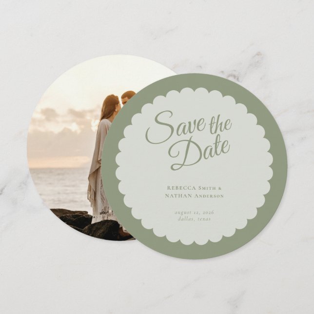 Classic Sage Green Script Scallop Wedding Photo Save The Date (Front/Back)