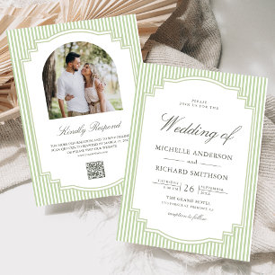 Classic Sage Green Striped Photo QR Code Wedding Invitation