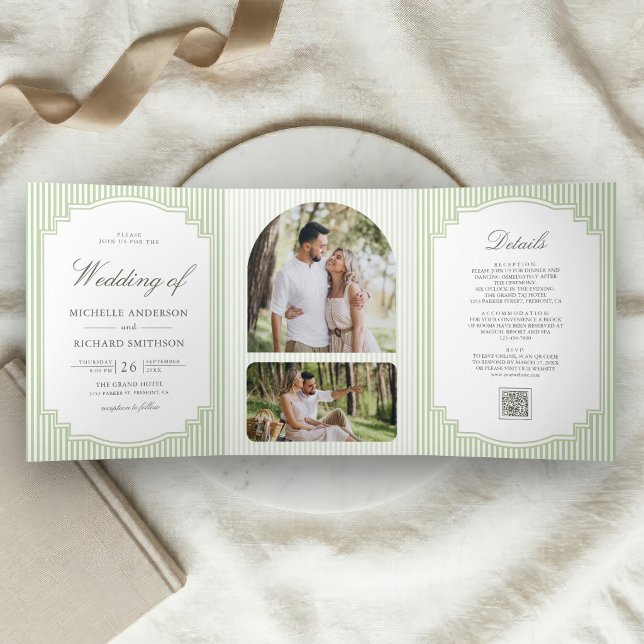 Classic Sage Green Striped Photo QR Code Wedding Tri-Fold Invitation (Creator Uploaded)
