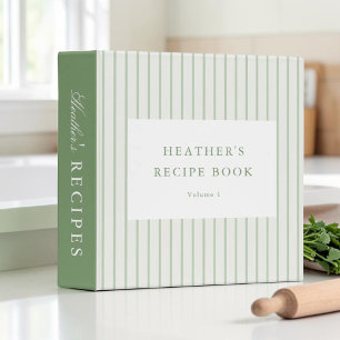 Classic Sage Green Stripes Personalized Recipe Binder