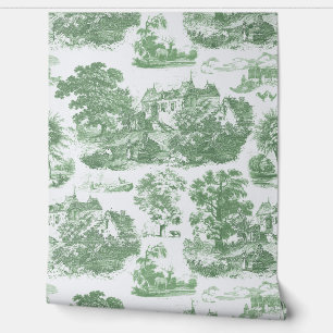 Classic Sage Green Vintage French Chateau Toile Wallpaper