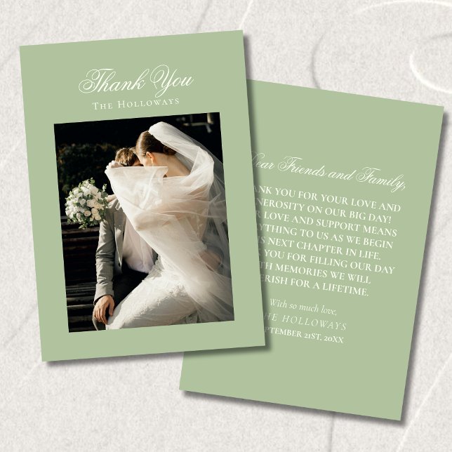 Classic Sage Green Wedding Photo Thank You Card (Classic Sage Green Wedding Photo Thank You Card)