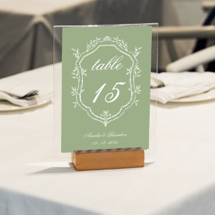 Classic Sage Green & White Floral Crest Wedding Table Number