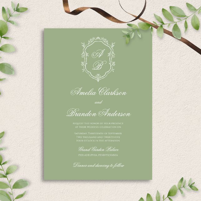 Classic Sage Green & White Monogram Crest Wedding Invitation (Creator Uploaded)