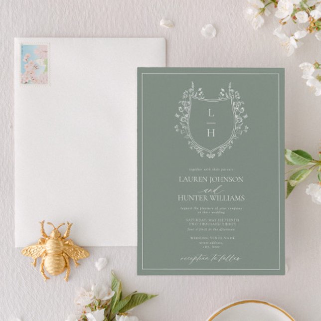 Classic Sage Wildflower Monogram Crest Wedding Invitation (Creator Uploaded)