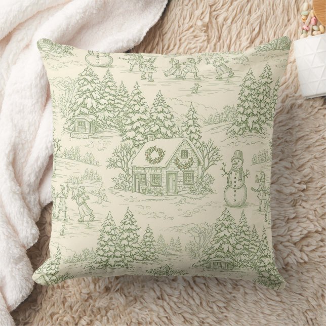 Classic Sage Winter Countryside Toile Pattern Throw Pillow (Blanket)