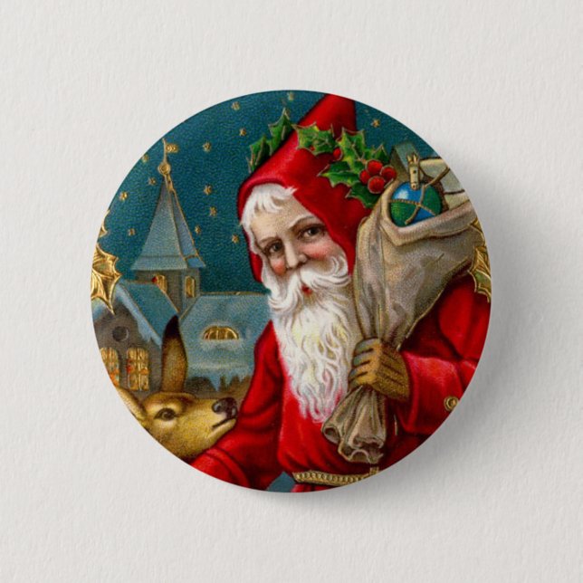 Classic Santa and Deer Christmas 2 Inch Round Button (Front)