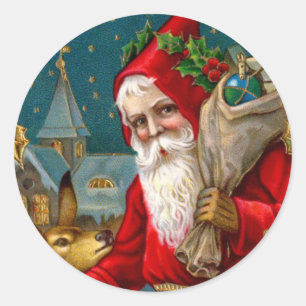 Classic Santa and Deer Christmas Classic Round Sticker