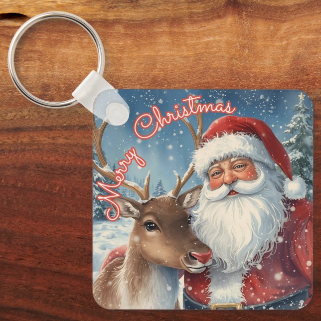 Classic Santa and Reindeer Keychain | Merry Christ (Front)