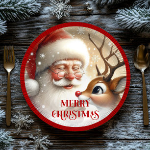 Classic Santa and Rudolph Cartoon Holiday Paper  Plate