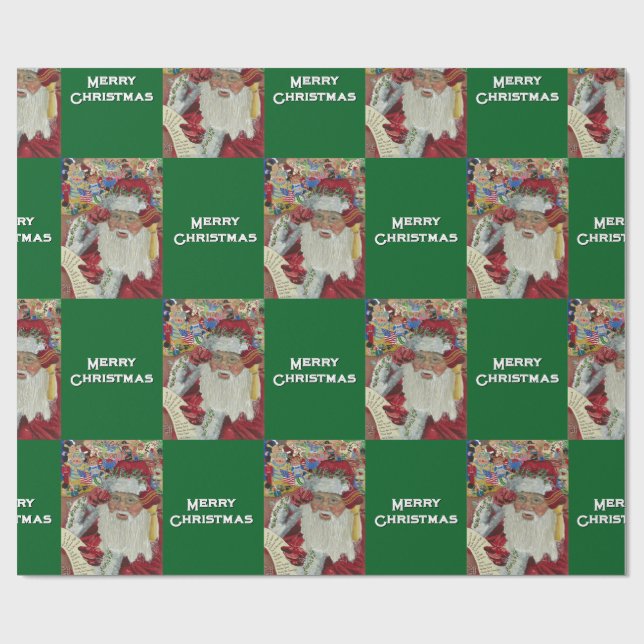Classic Santa - Checking It Twice Holiday Green Wrapping Paper (Flat)