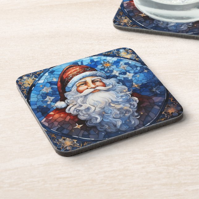 Classic Santa Claus Blue Stained Glass Coaster (Left Side)