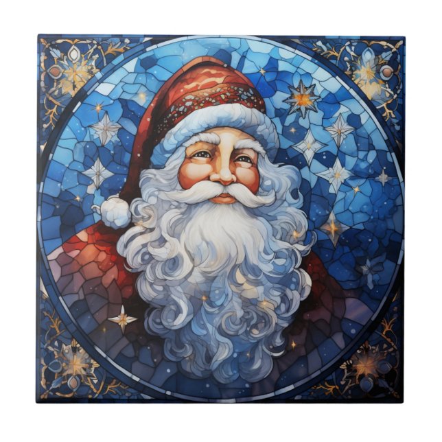Classic Santa Claus Blue Stained Glass Tile (Front)