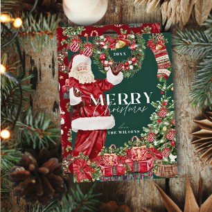Classic Santa Claus Christmas Tree Green Holiday Card