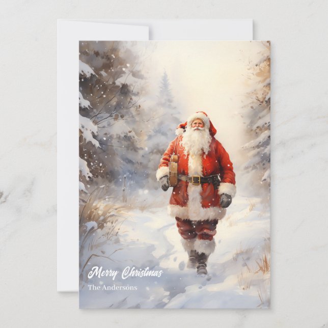 Classic Santa Claus coming in snowy forest Holiday Card (Front)