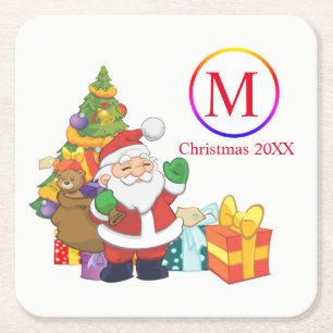 Classic Santa Claus Monogram Christmas Square Paper Coaster