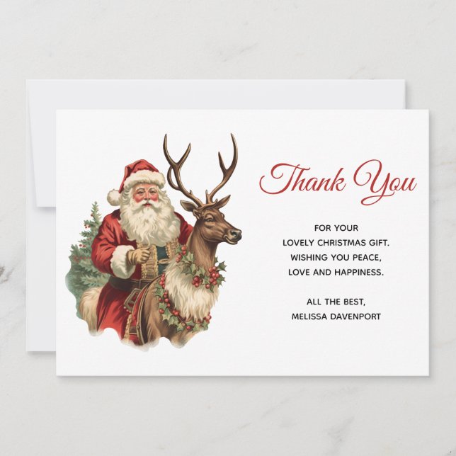 Classic Santa Claus Riding a Reindeer Christmas Thank You Card (Front)