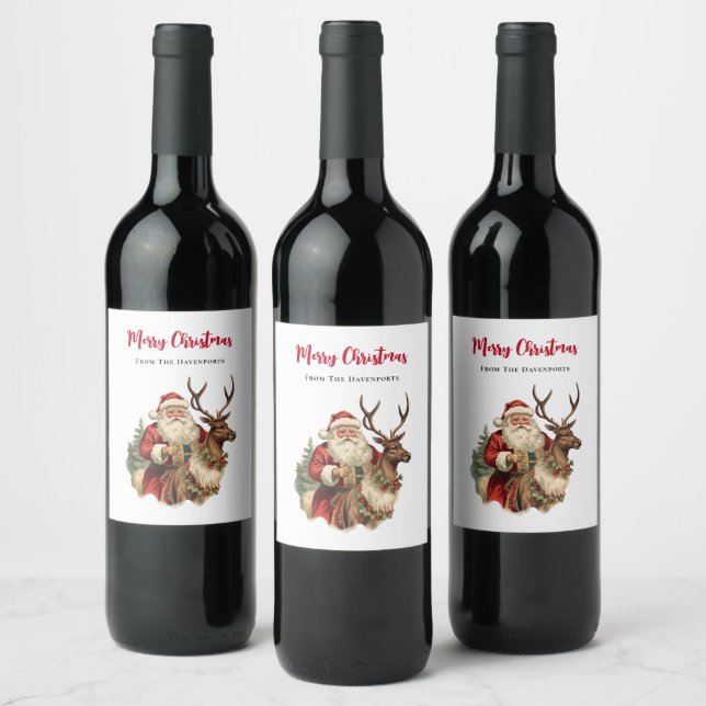 Classic Santa Claus Riding a Reindeer Christmas Wine Label (Bottles)