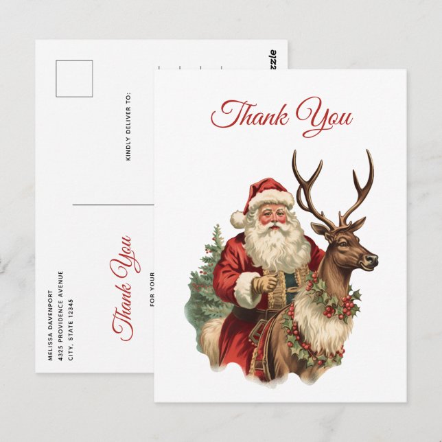 Classic Santa Claus Riding a Reindeer Thank You Postcard (Front/Back)