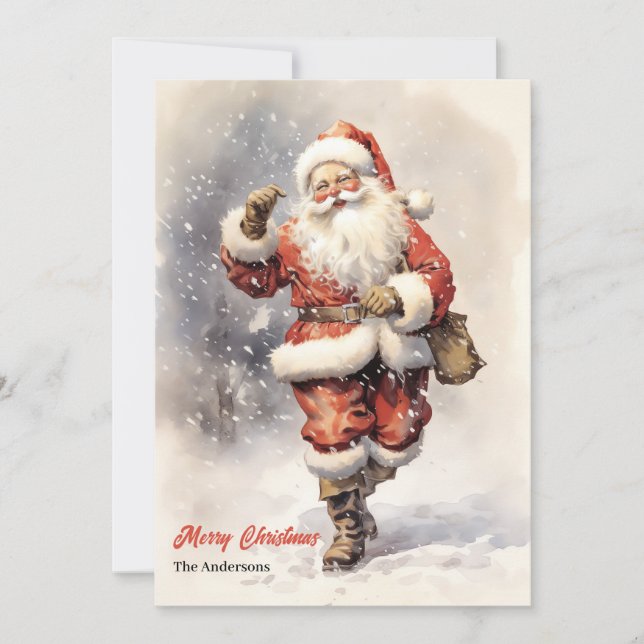 Classic Santa Claus smiling in snowy forest Holiday Card (Front)
