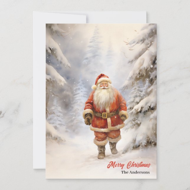 Classic Santa Claus walking in snowy forest Holiday Card (Front)