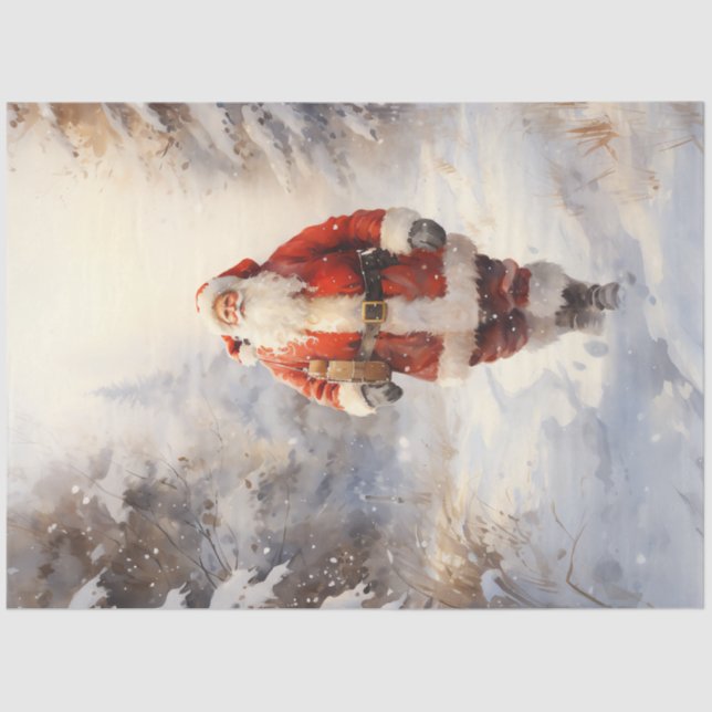 Classic Santa Claus walking in snowy forest Tissue Paper (Front)