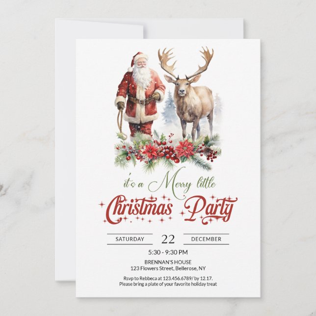 Classic Santa Claus with reindeer red holly berry Invitation (Front)