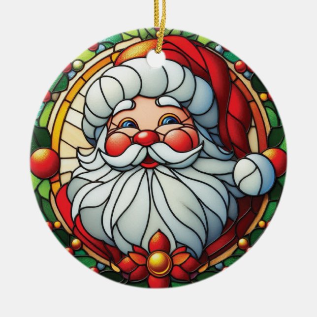 Classic Santa with Holly Wreath Ceramic Ornament (Front)