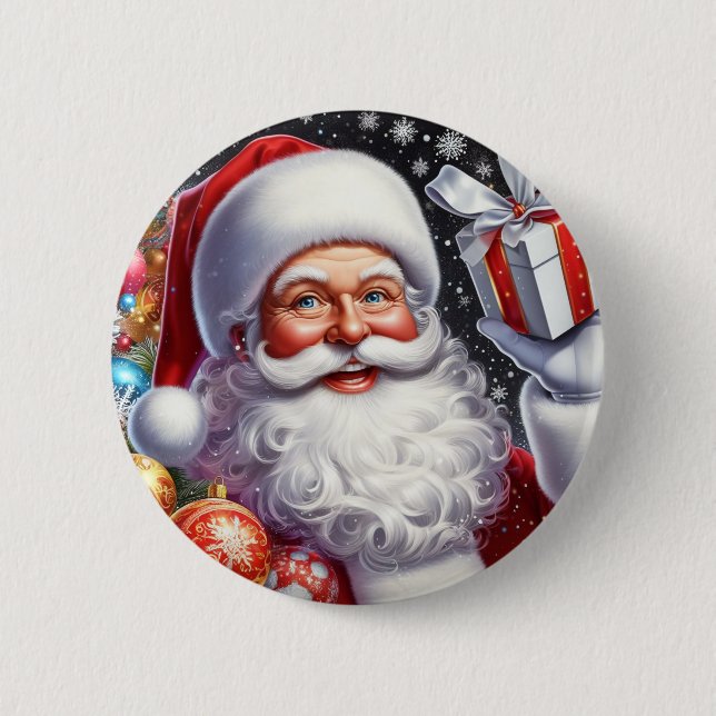 Classic Santa with present & ornaments 2 Inch Round Button (Front)