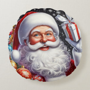 Classic Santa with present & ornaments Round Pillow