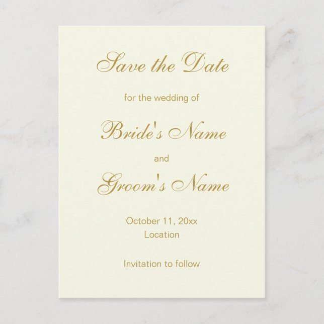 Classic Save the Date Postcards in Cream and Gold (Front)