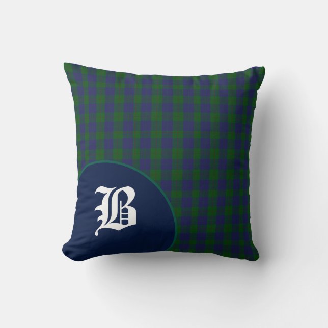Classic Scottish Barclay Tartan Plaid Monogram Throw Pillow (Front)