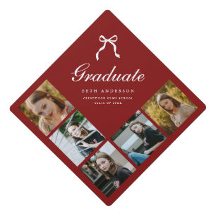 Classic Script 5-Photo Coquette Wine Red Graduate Graduation Cap Topper