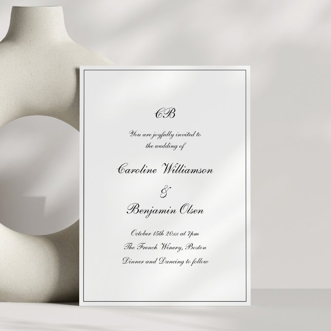 Classic Script Black White Formal Monogram Wedding Invitation (Creator Uploaded)