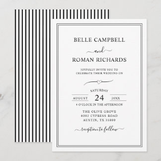 Classic Script Black & White Pinstripe Wedding Invitation