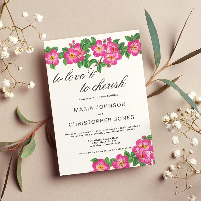 Classic script bright pink green floral wedding invitation (Classic script bright pink green floral wedding )