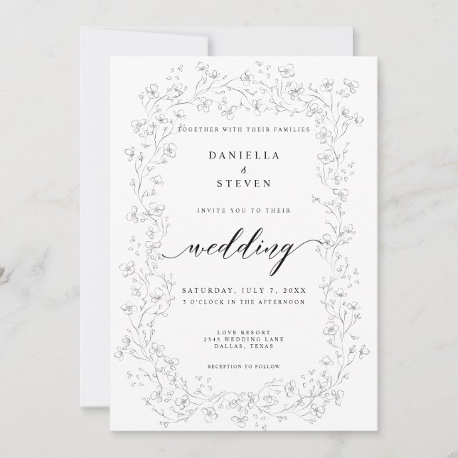 Classic Script Calligraphy Black White Wedding Invitation (Front)