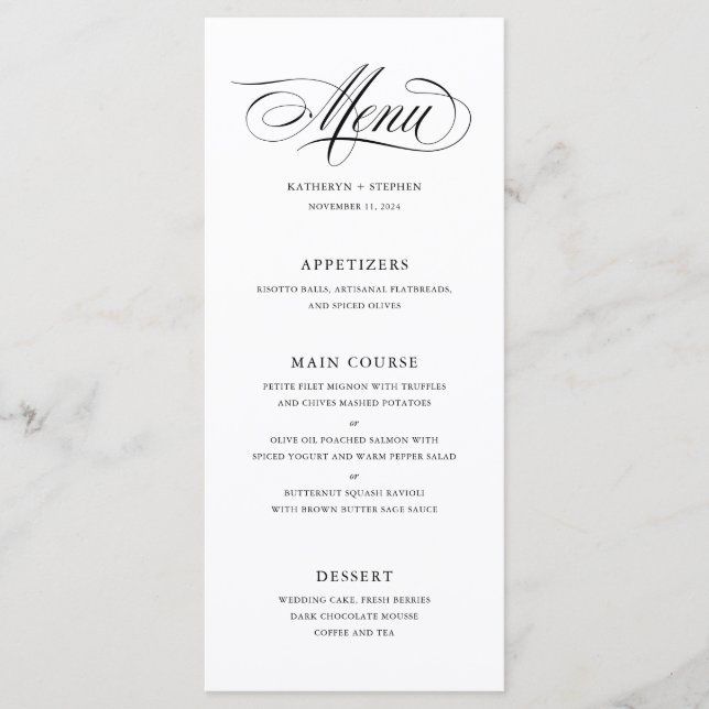 Classic Script Calligraphy Wedding Dinner Menu (Front)