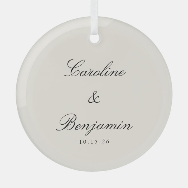 Classic Script Elegant Ivory Wedding Custom  Glass Ornament (Front)